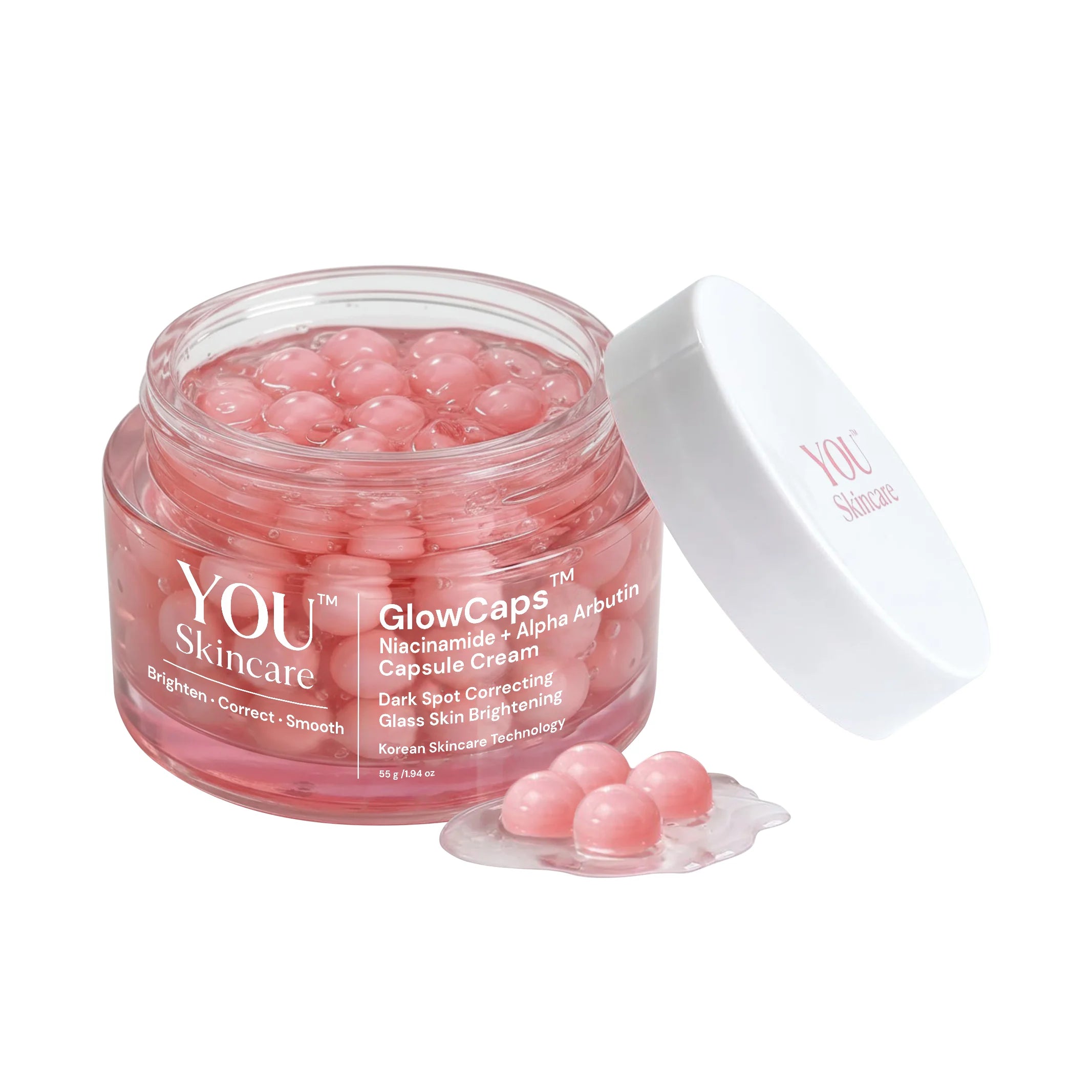 Jar of pink skincare capsules with 'YOU Skincare' branding on a white background