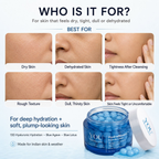 Skincare product advertisement with skin types and product features.