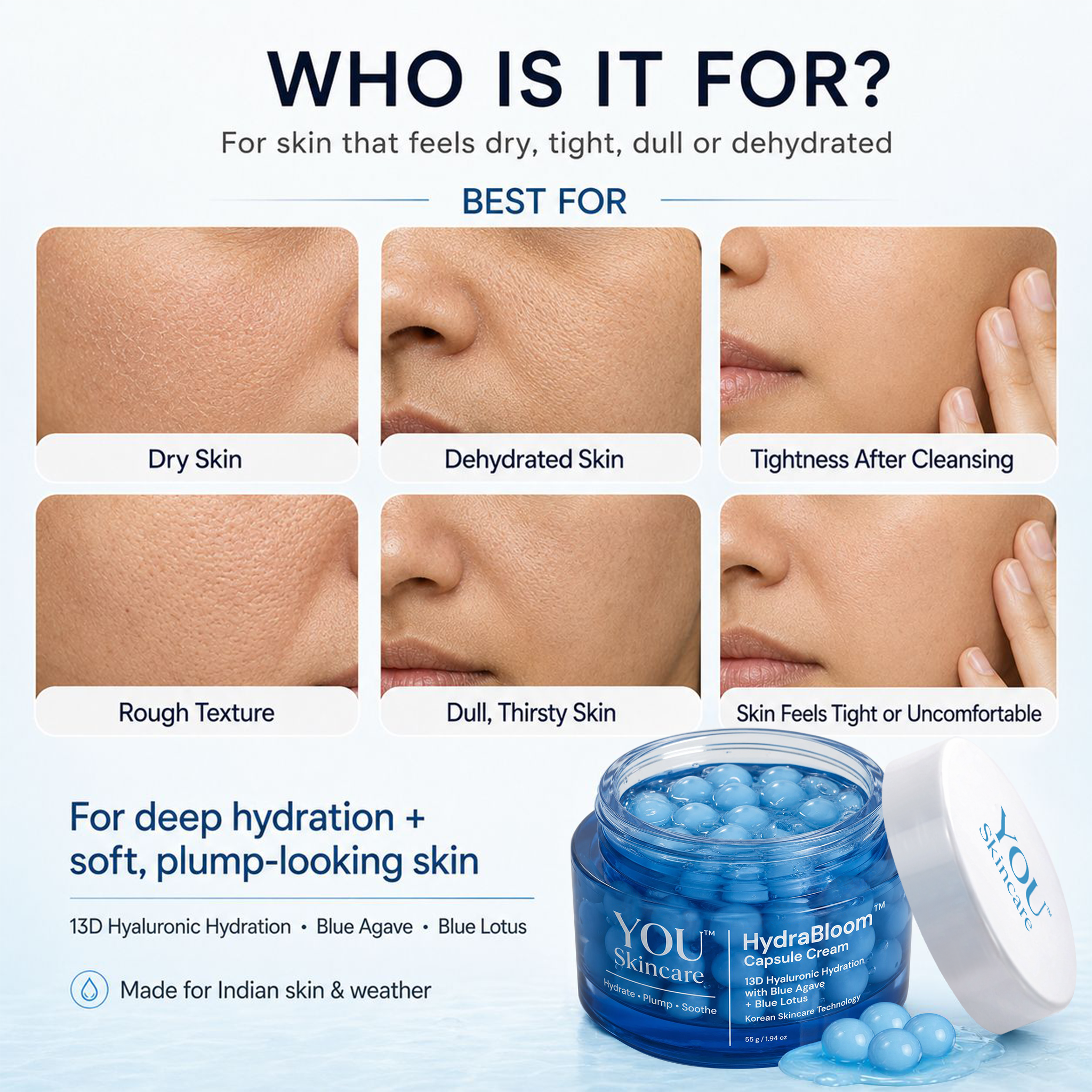 Skincare product advertisement with skin types and product features.