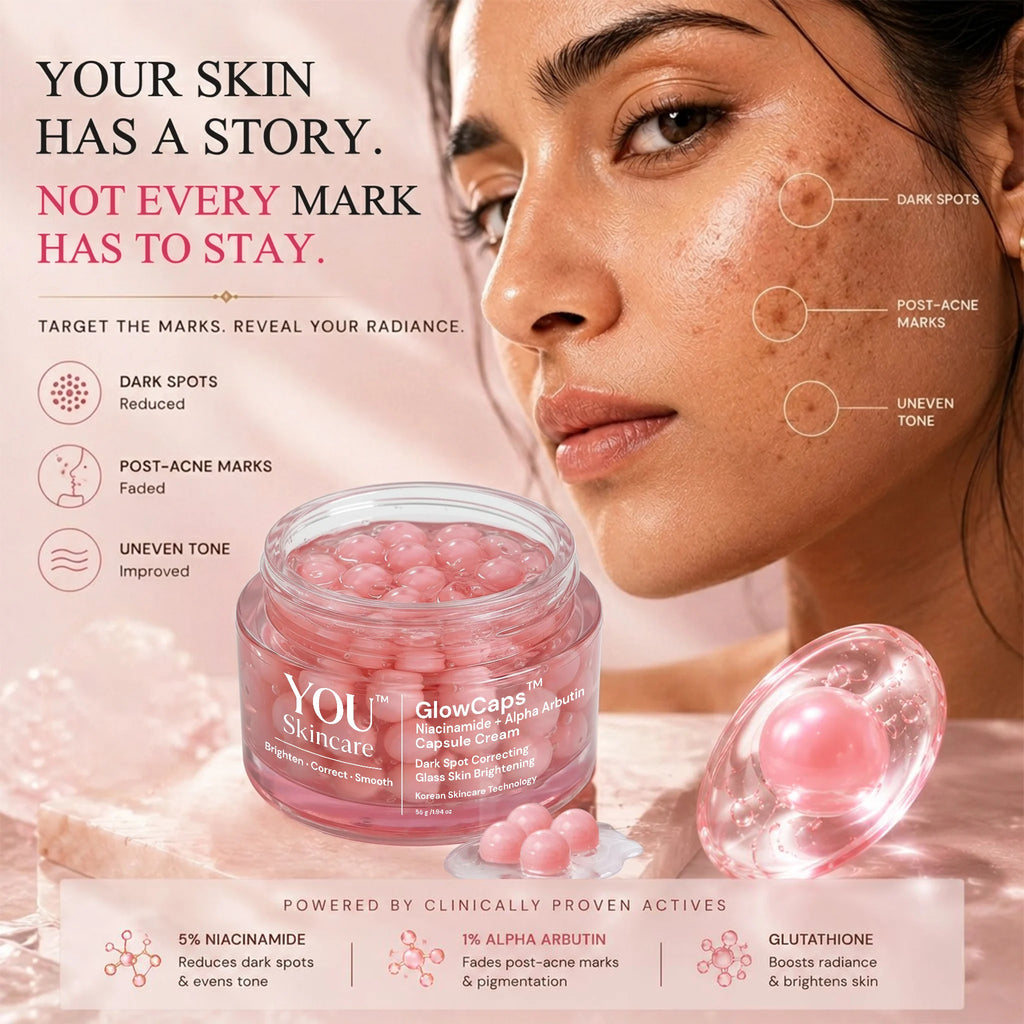 Advertisement for skincare product with a woman's face and product packaging.