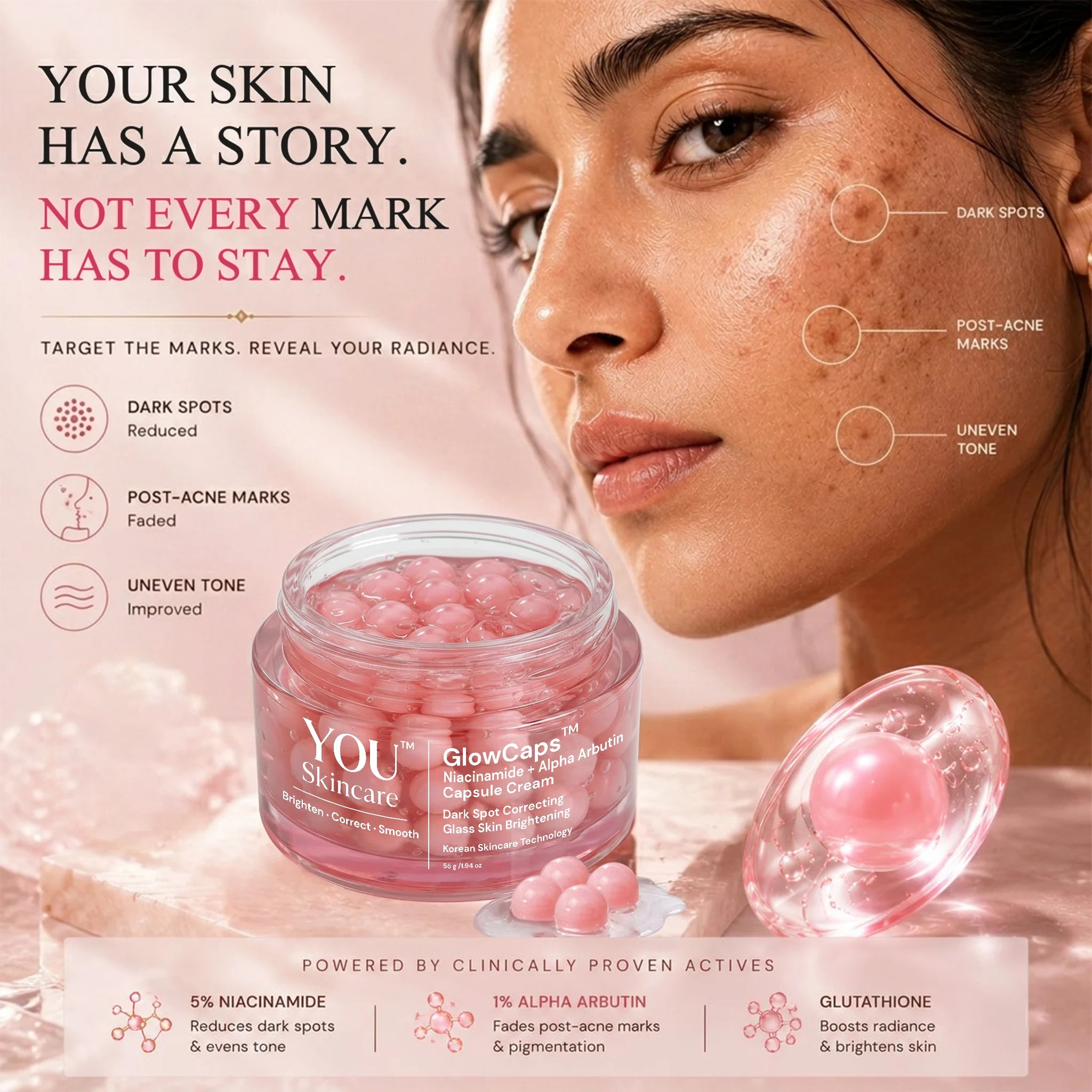 Advertisement for skincare product with a woman's face and product packaging.