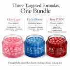Three cosmetic jars in a promotional bundle layout: a pink GlowCaps tone support jar, a blue HydraBloom hydration support jar, and a red Rose PDRN firmness support jar, with text above describing the bundle and text below describing benefits.