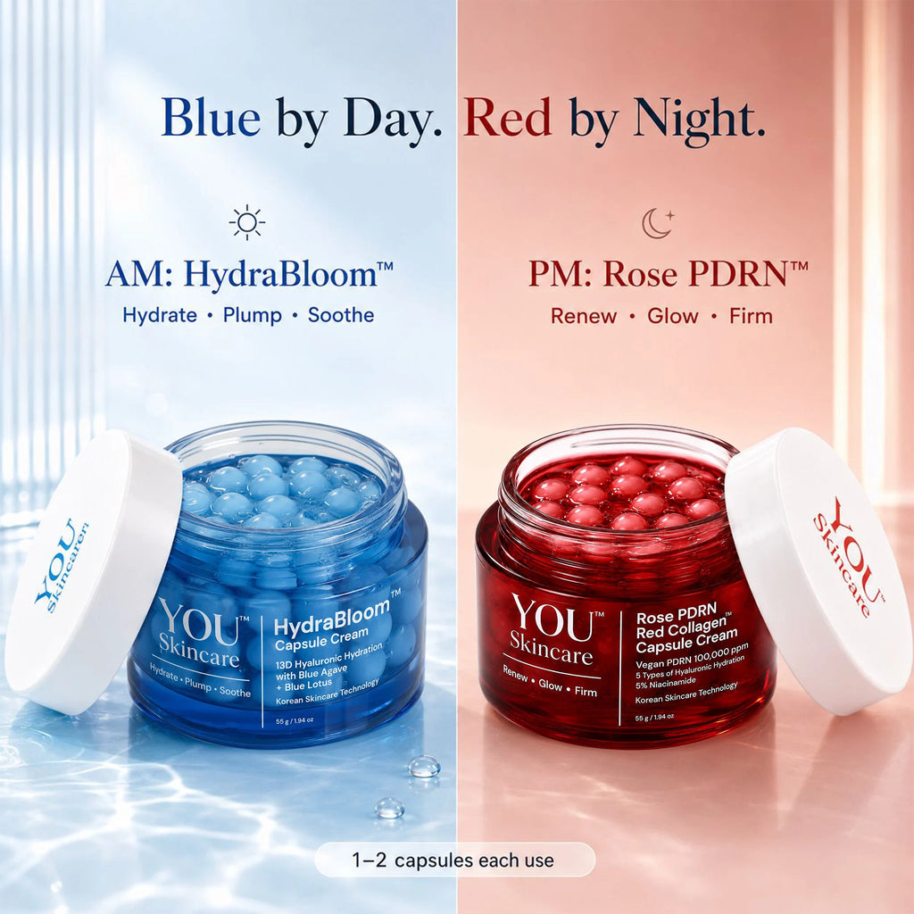 Two jars of YOU Skincare cream, one blue labeled 'HydraBloom' and one red labeled 'Rose PDRN', on a split background with text indicating use times.