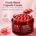 Red jar of YOU Skincare Rose PDRN Red Collagen Capsule Cream with capsules on a pink background