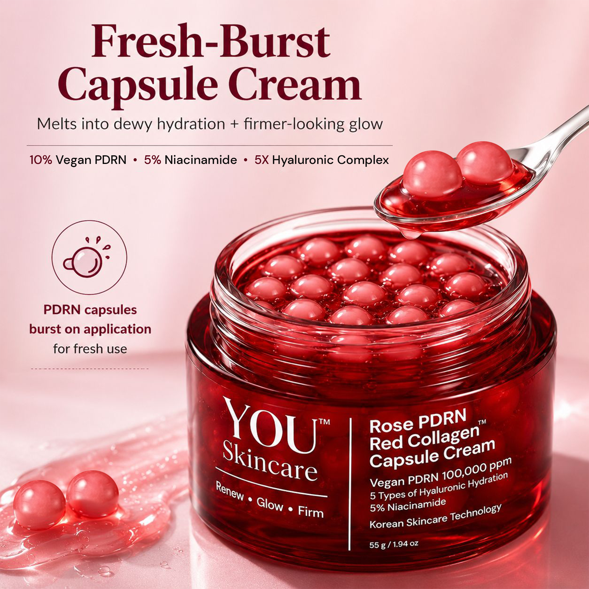 Red jar of YOU Skincare Rose PDRN Red Collagen Capsule Cream with capsules on a pink background