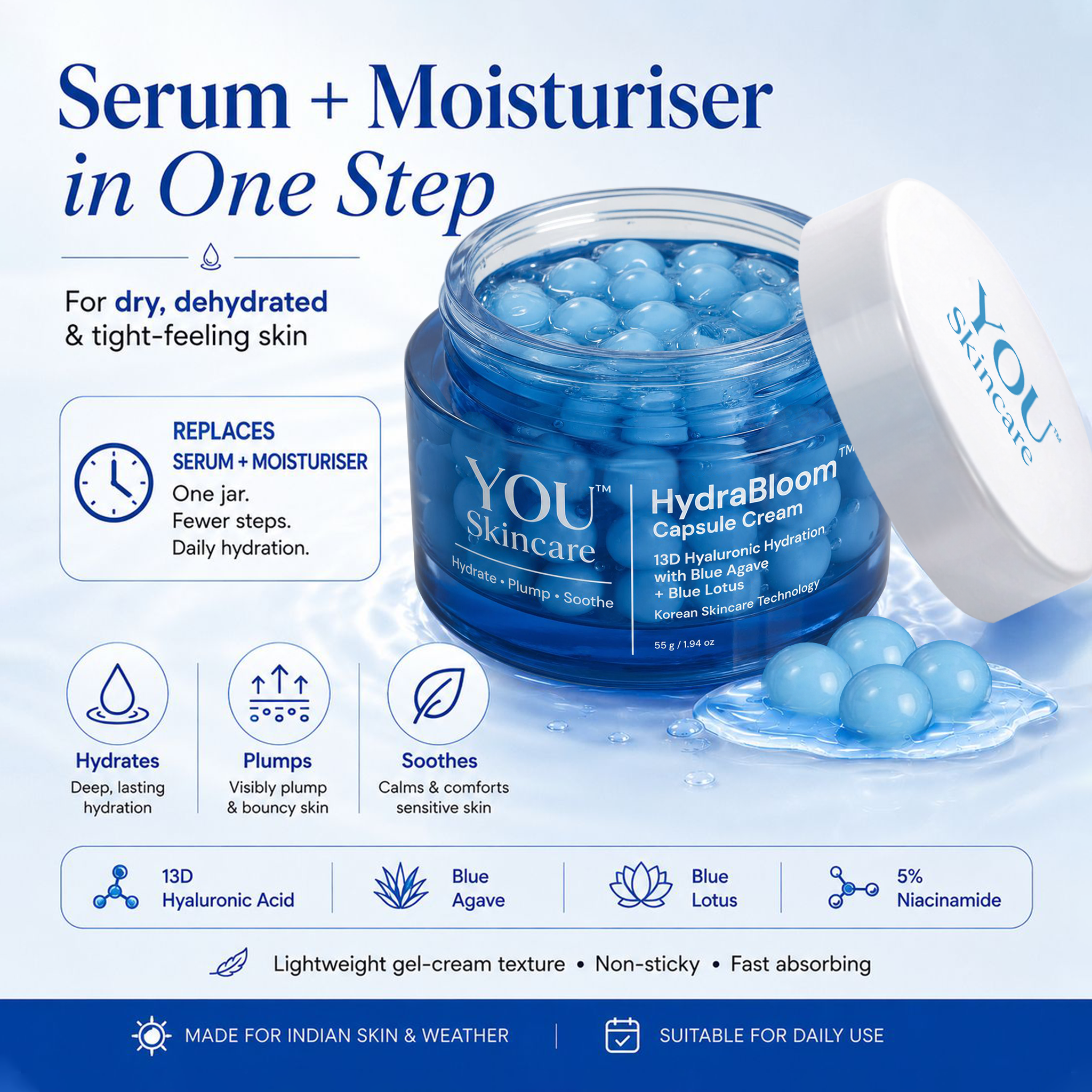 YOU Skincare Hydrabloom Capsule Cream jar with blue capsules on a light blue background