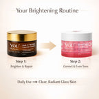 Two skincare cream jars with a brightening routine description on a beige background