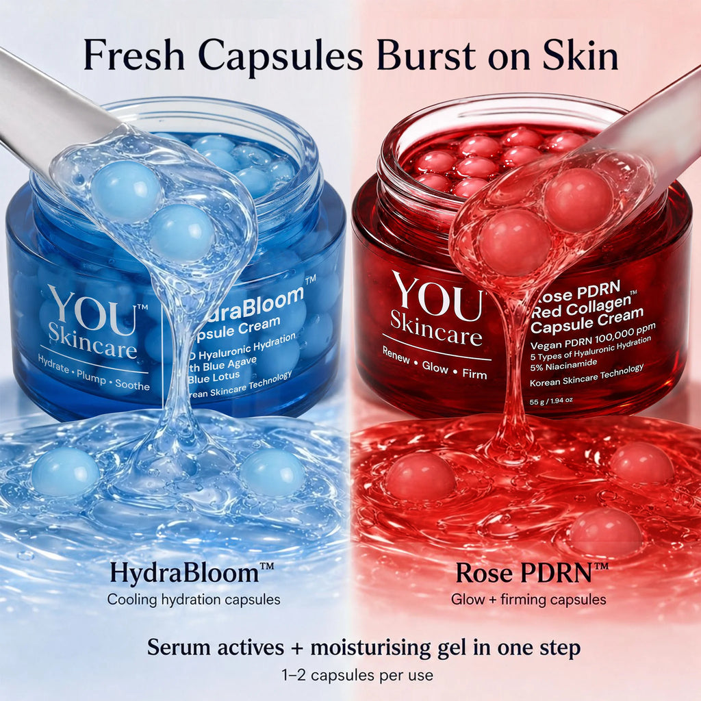 Two jars of YOU Skincare cream with blue and red capsules being poured into them.
