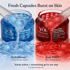 Two jars of YOU Skincare cream with blue and red capsules being poured into them.