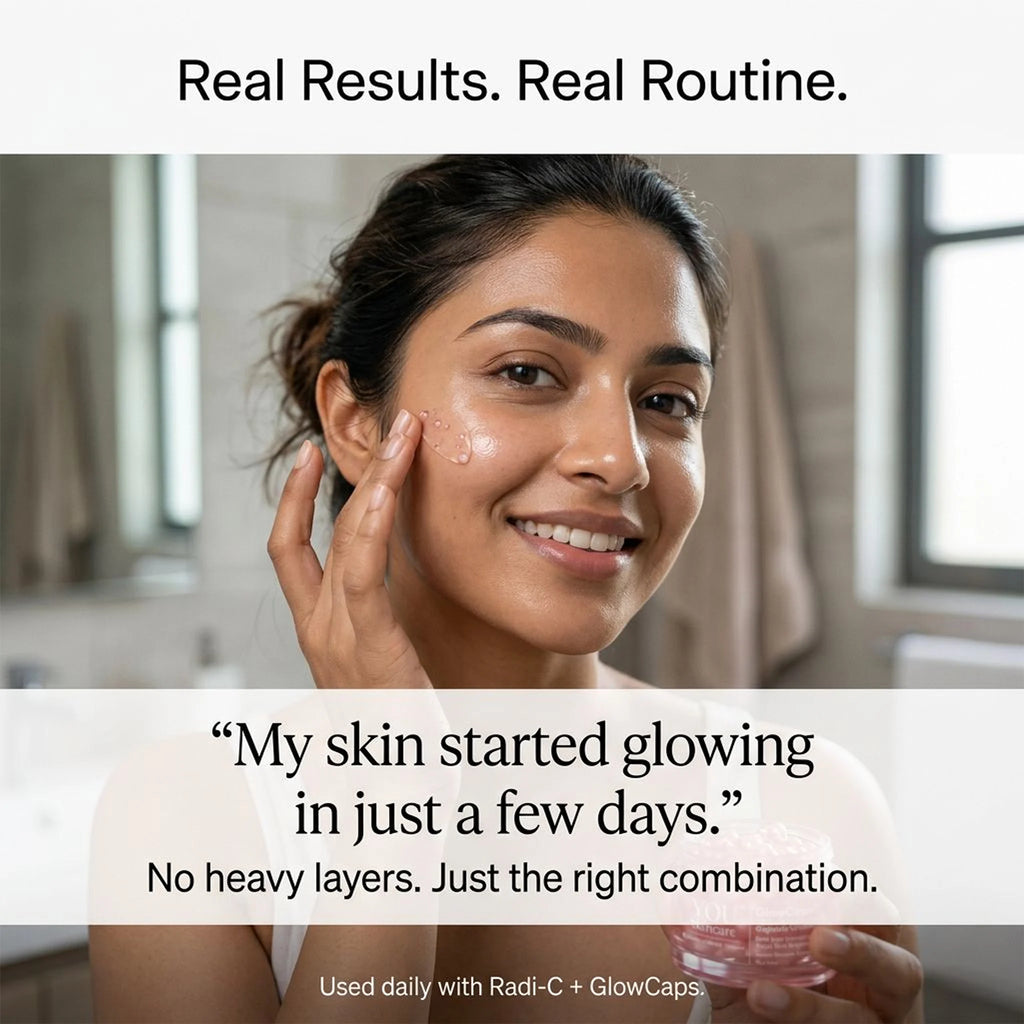 Woman applying cream to her face with text about skin improvement and product usage.