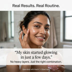 Woman applying cream to her face with text about skin improvement and product usage.