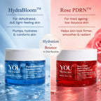 Two skincare products from YOU Skincare, HydraBloom and Rose PDRN, on a split background.