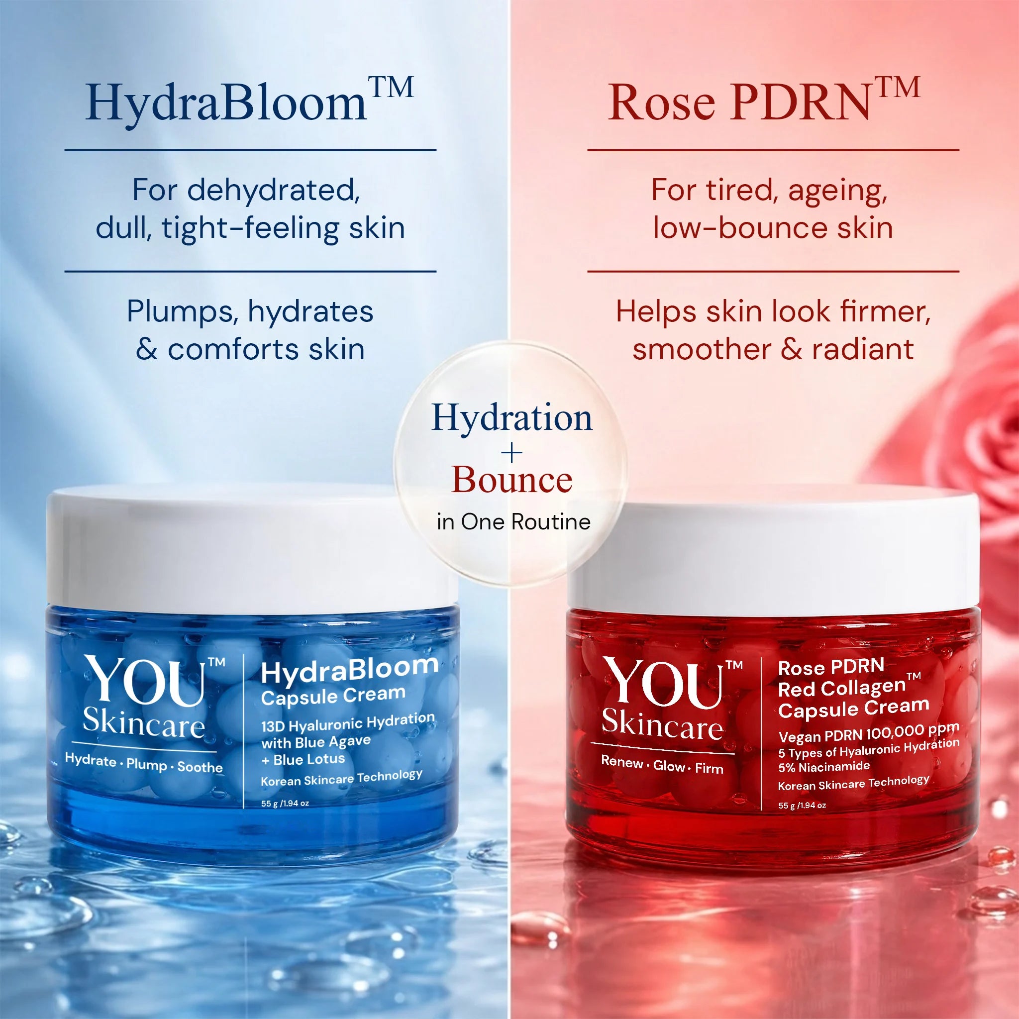 Two skincare products from YOU Skincare, HydraBloom and Rose PDRN, on a split background.