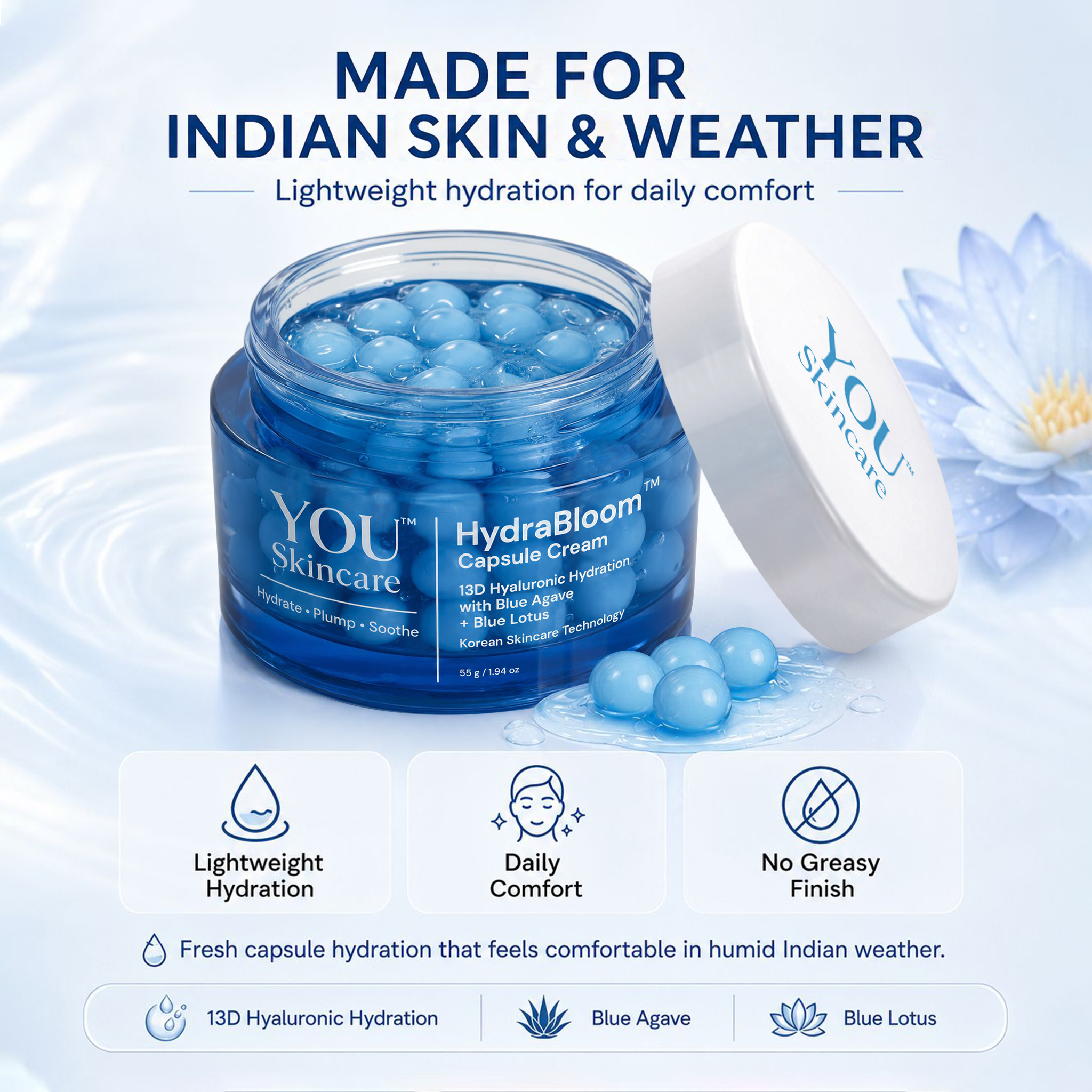 Blue skincare cream jar with 'YOU Skincare' branding on a light blue background with water droplets.