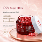 Red jar of YOU Skincare Rose PDRN Red Collagen Capsule Cream with text on a pink background