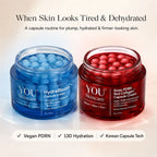 Two skincare cream jars, one blue and one red, with text about skin care routines on a gradient background.