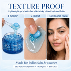 Advertisement for a skincare product showing texture proof, application process, and a woman's face.