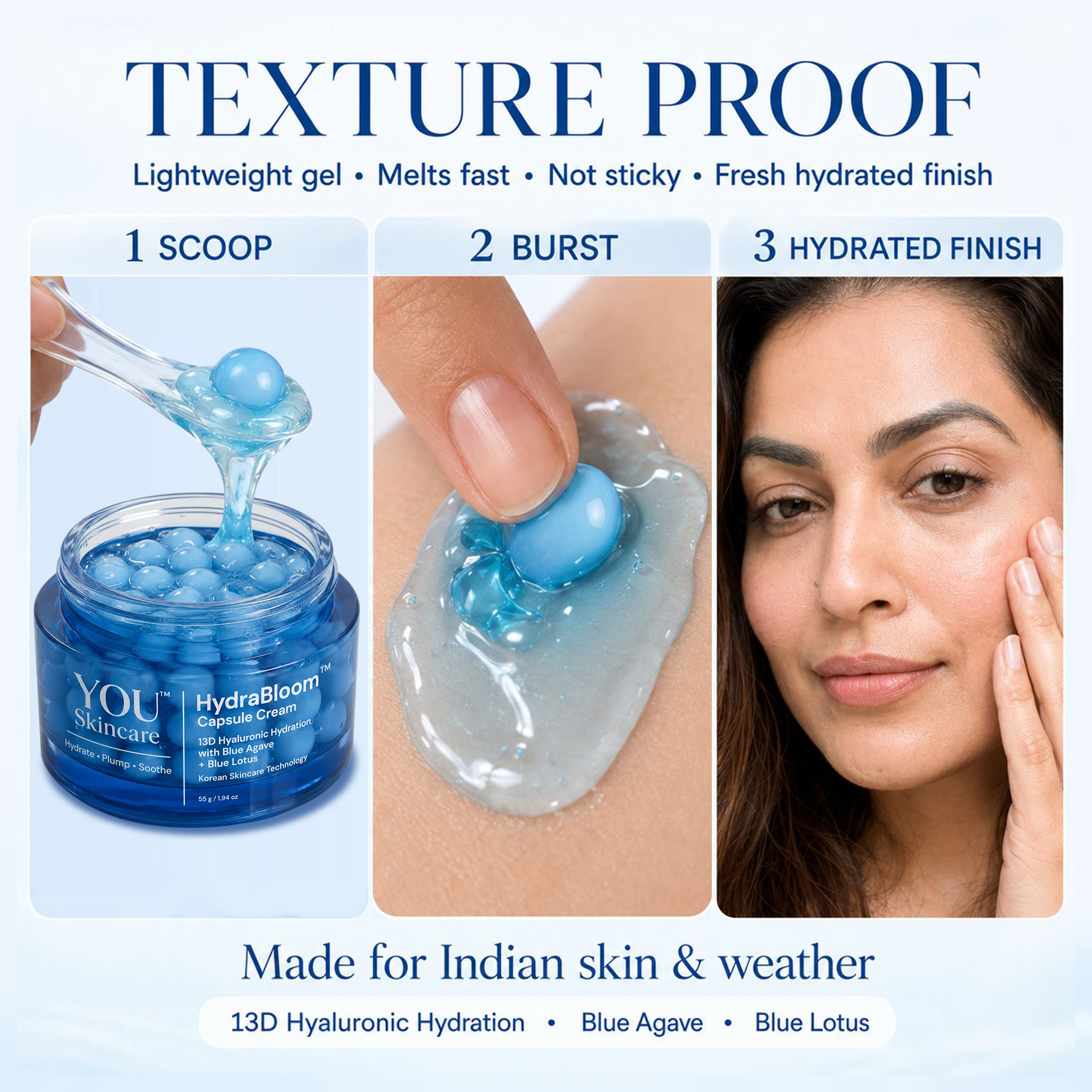 Advertisement for a skincare product showing texture proof, application process, and a woman's face.
