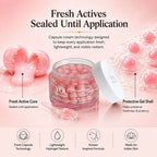 Skincare product with text highlighting features on a pink background