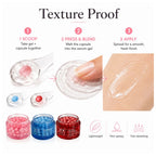Instructional graphic titled 'Texture Proof' showing how to use a clear gel makeup product: scoop the gel and capsule pieces together, press and blend the gel, and apply it to skin. Includes three small jars in pink, blue, and red at the bottom and feature icons for lightweight, non-greasy, and fast-absorbing.