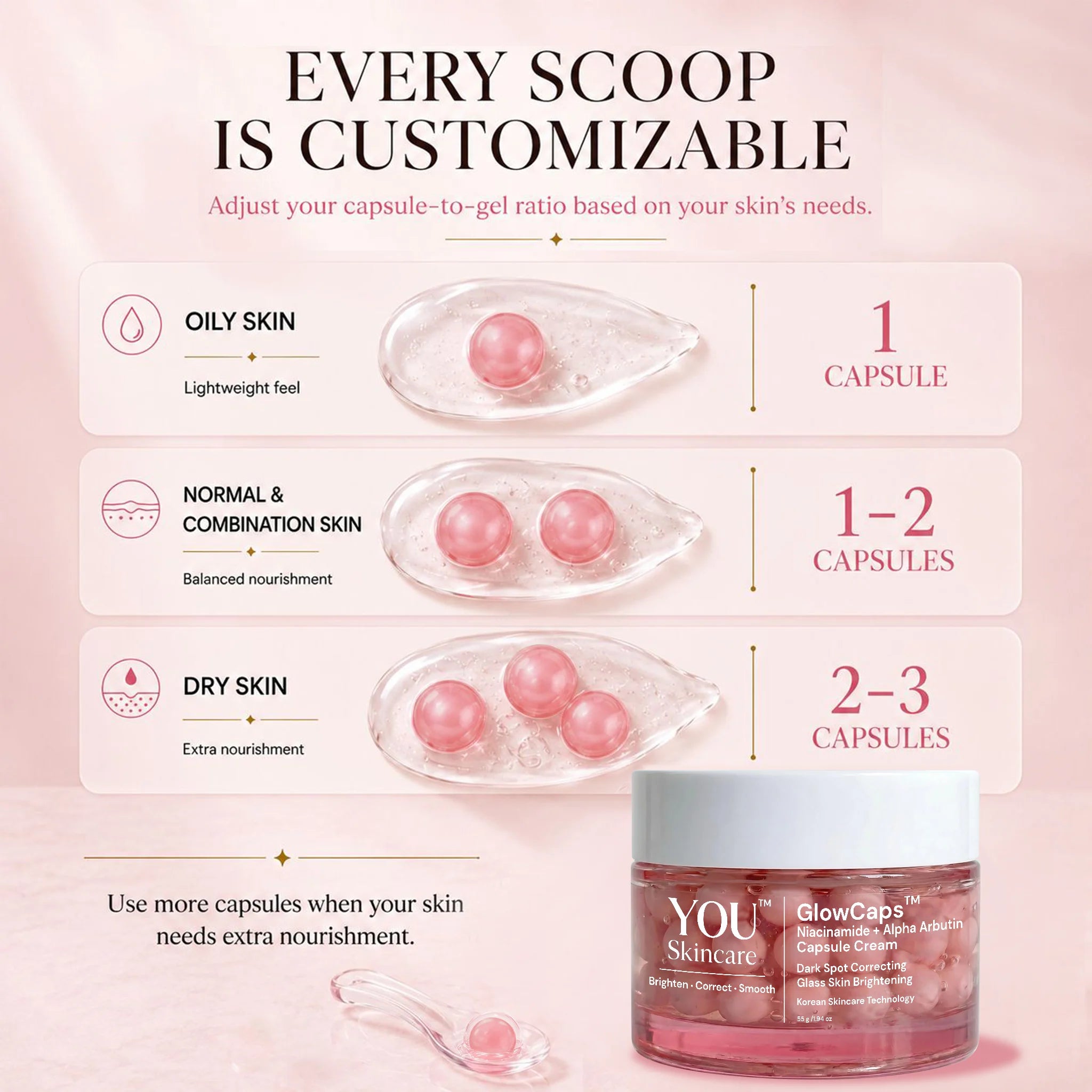 Skincare product with customizable capsule system on a pink background