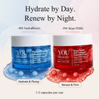 Two skincare cream jars, one blue and one red, with text indicating AM and PM usage on a light background.