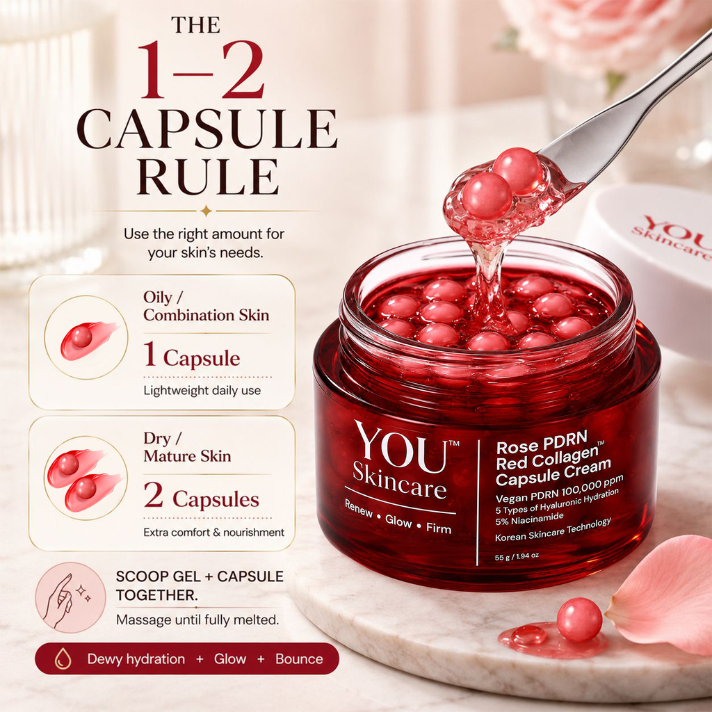 Red jar of YOU Skincare Rose PDRN Red Collagen Capsule Cream with capsules being added, on a marble surface.