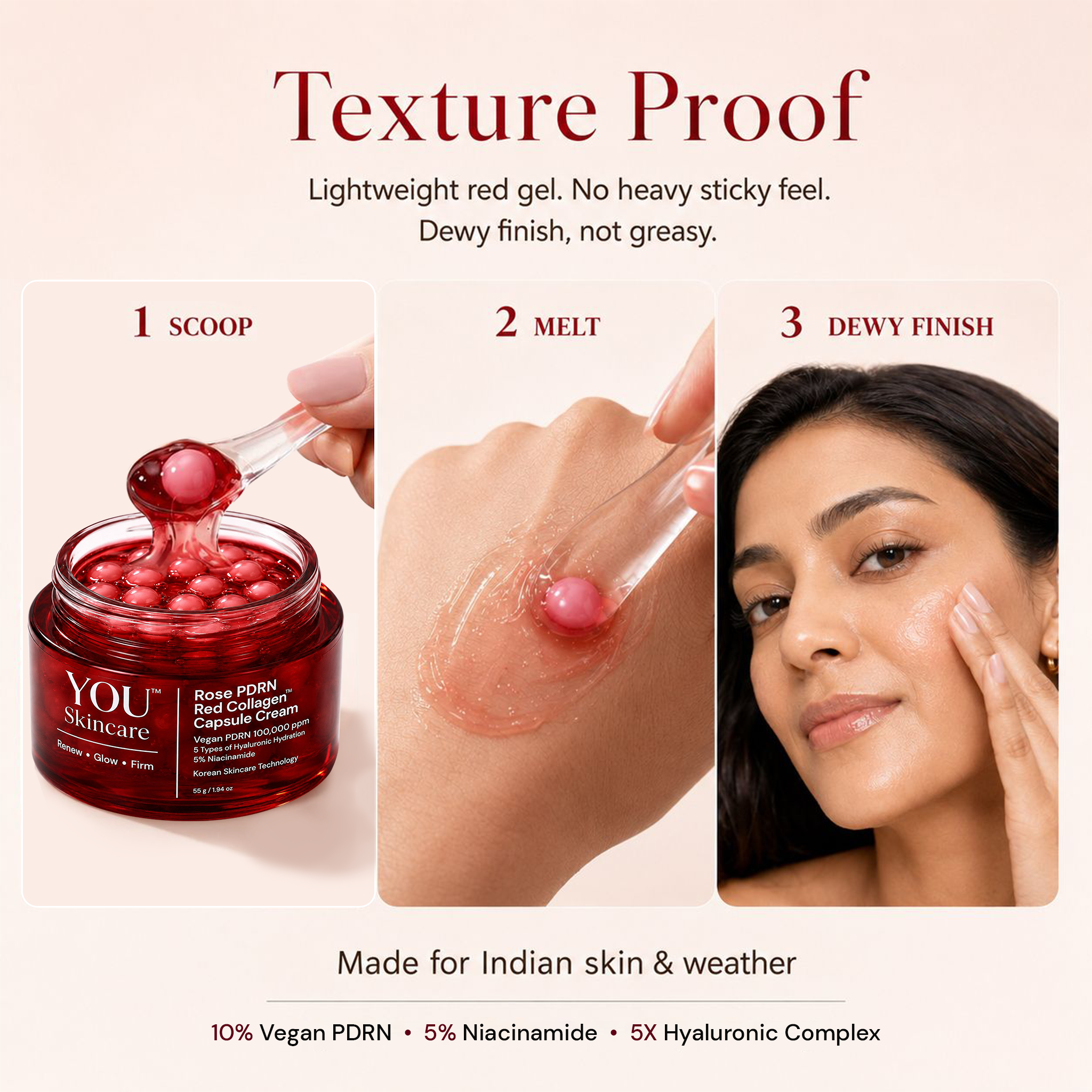YOU Skincare cream jar with texture proof demonstration and a woman applying the cream.