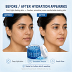 Before and after comparison of hydration appearance with a product shown.