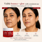 Before and after comparison of a woman's face with visible skin improvement, featuring a skincare product.