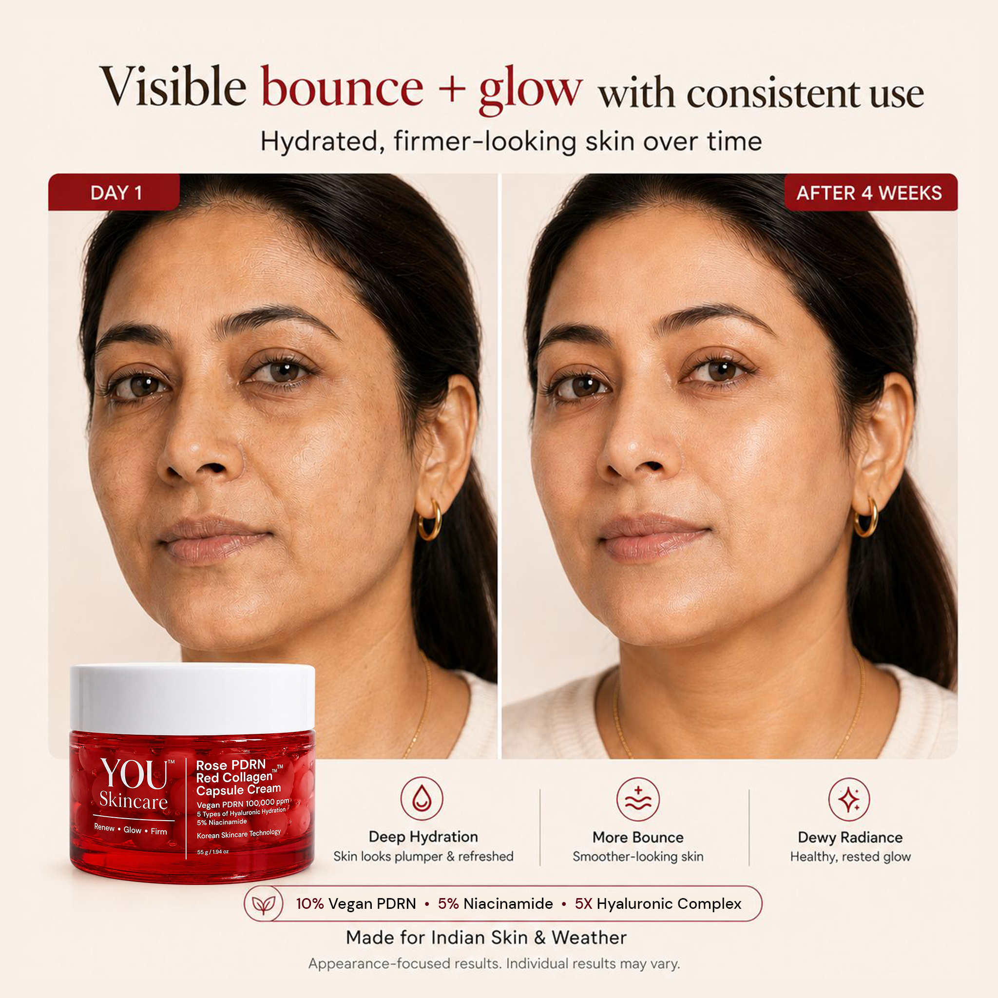 Before and after comparison of a woman's face with visible skin improvement, featuring a skincare product.