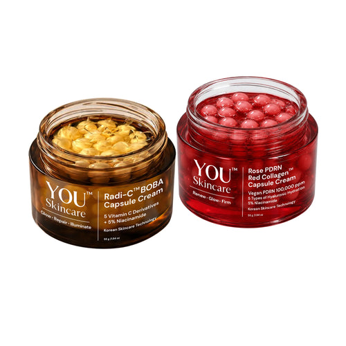 Two open cosmetic capsules jars from YOU Skincare on a white background: a brown Radi-C™ BOPA Capsule Cream jar with yellow capsules and a red Rose PDRN Red Collagen Capsule Cream jar with pink capsules.