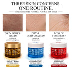 Three skincare cream jars shown with three skin texture/result panels above them. The text reads 'THREE SKIN CONCERNS.