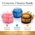 Three open cosmetic jars from YOU Skincare displayed on a white background with promotional text above and below. The jars contain pink, blue, and yellow gel-like capsules, labeled GlowCaps, HydraBloom, and Radi-C BOBA, with icons and descriptions underneath.