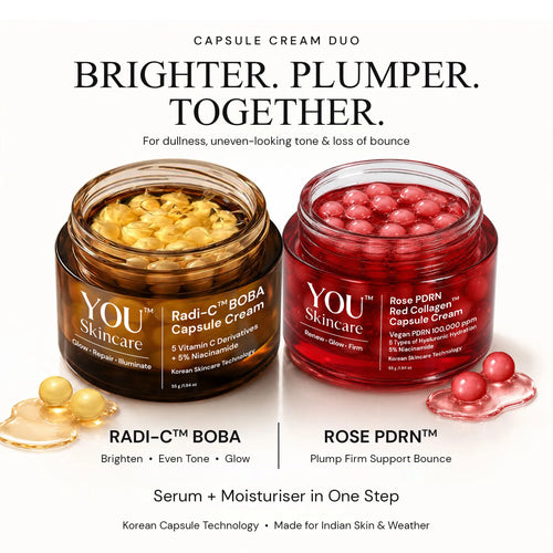 Two open cosmetic jars on a white background: a golden-yellow capsule cream jar labeled YOU Skincare Radi-C BOBA and a red-pink capsule cream jar labeled YOU Skincare Rose PDRN. Large text above reads 'CAPSULE CREAM DUO BRIGHTER.