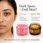 Beauty ad showing a close-up of a woman's face next to two skincare jars: a pink jar labeled GlowCaps and a brown jar labeled Radi-C BOBA, with text about treating dark spots and dull skin.