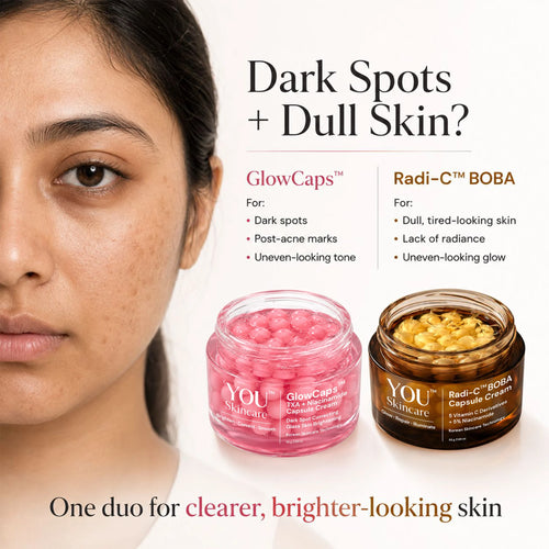 Beauty ad showing a close-up of a woman's face next to two skincare jars: a pink jar labeled GlowCaps and a brown jar labeled Radi-C BOBA, with text about treating dark spots and dull skin.