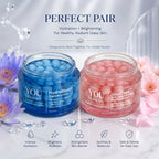 Two open cosmetic jars on a glossy white surface with decorative flowers and water droplets: a blue jar labeled YOU Skincare HydraBloom Capsule Cream and a pink jar labeled YOU Skincare GlowCaps 32+ Micronized Capsule Cream. Text above reads 'PERFECT PAIR' and below lists benefits.