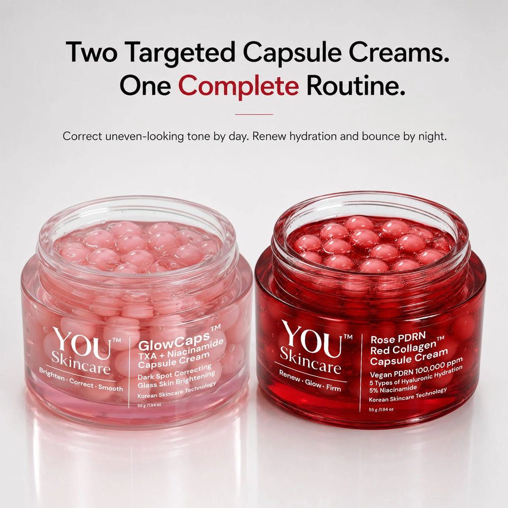 Two open cosmetic capsules jars from YOU Skincare on a light gray background with promotional text above. The left jar is clear and shows pale pink capsules, labeled GlowCaps TXA+ Mediummole Capsule Cream.