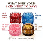 Promotional graphic for YOU Skincare showing four cosmetic jars with capsules: a red Rose PO20 Red-Celler Cream jar, a blue HydraBloom Hyaluronic Cream jar, a pink GlowCaps Capsule Cream jar, and a brown Radi-C-Born Capsule Cream jar, with text explaining skin concerns each jar addresses.