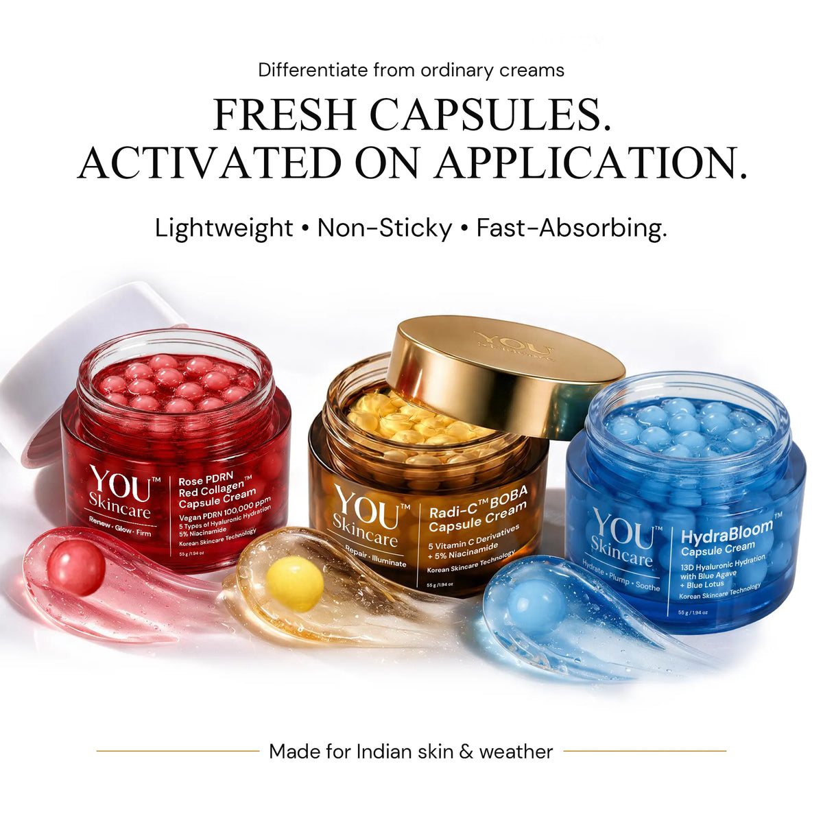 Three open cosmetic jars from YOU Skincare on a white background, showing colorful capsules inside: red Radi-CiNA Capsule Cream, gold Radi-Dhara808a Creatine Cream, and blue HydraBloom Capsule Cream, with translucent gel swatches in front and marketing text above.