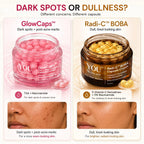 A comparison infographic for YOU Skincare capsules, showing two jars side-by-side: GlowCaps pink gel capsules for dark spots, and Radi-C BOBA cream capsules for dullness. The image includes before-and-after facial skin close-ups demonstrating the results.