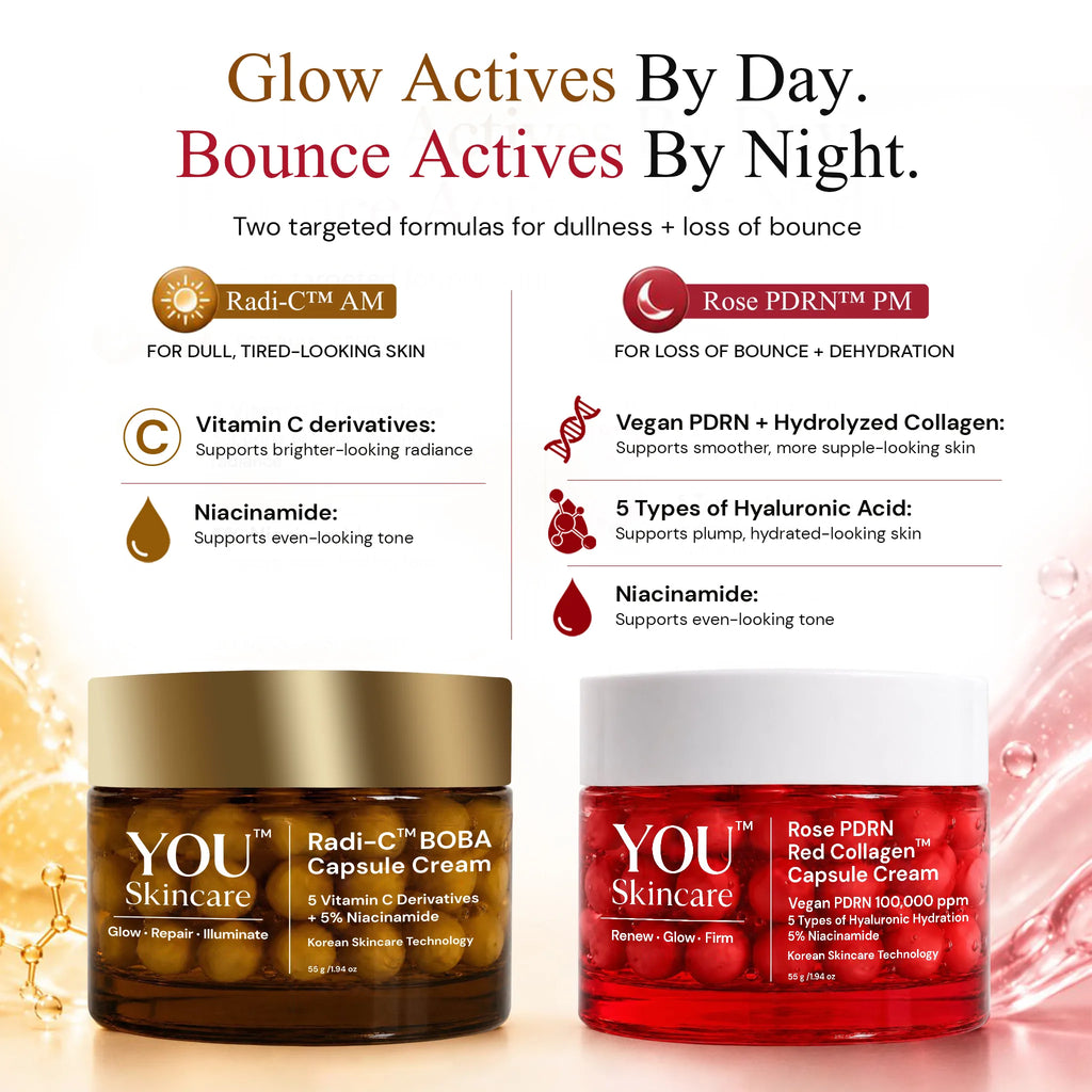 Two cosmetic cream jars from YOU Skincare on a white background with promotional text. The left jar is labeled Radi-Q Ci BOBA Capsule Cream in amber-brown packaging with a gold lid, and the right jar is labeled Rose PDRN Red Collagen Capsule Cream in translucent red packaging with a white lid.