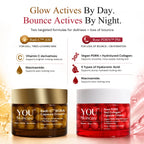 Two cosmetic cream jars from YOU Skincare on a white background with promotional text. The left jar is labeled Radi-Q Ci BOBA Capsule Cream in amber-brown packaging with a gold lid, and the right jar is labeled Rose PDRN Red Collagen Capsule Cream in translucent red packaging with a white lid.