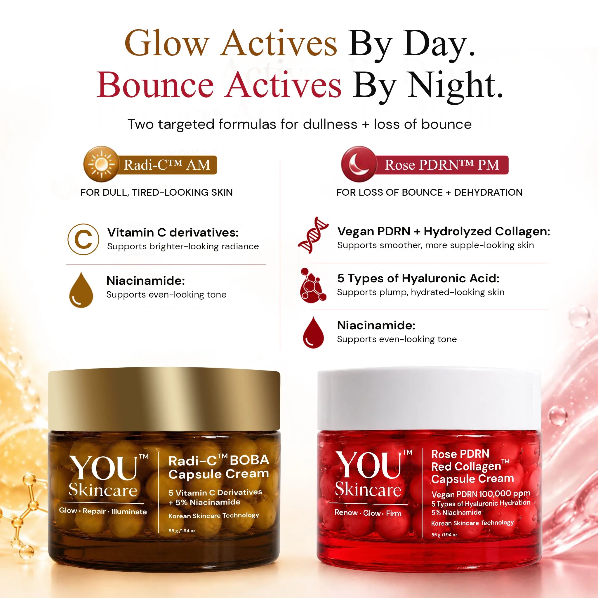 Two cosmetic cream jars from YOU Skincare on a white background with promotional text. The left jar is labeled Radi-Q Ci BOBA Capsule Cream in amber-brown packaging with a gold lid, and the right jar is labeled Rose PDRN Red Collagen Capsule Cream in translucent red packaging with a white lid.