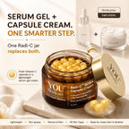 A skincare ad showing a jar of YOU Skincare Radi-C™ BOBA Capsule Cream with gold packaging and visible vitamin C capsules, alongside smaller bottles labeled Serum and Moisturiser. Text reads 'Serum Gel + Capsule Cream.
