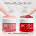 A skincare routine comparison graphic showing two open jars of YOU Skincare capsules: GlowCaps in the morning and Rose PDRN capsules at night. Two hands are shown pressing down on translucent pink and red gel pads above each jar to demonstrate absorption.