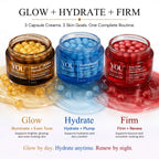 Three cosmetic capsules creams by YOU Skincare labeled Radi-C Boba, HydraBloom, and Rose Gold, displayed in brown, blue, and red jars with gelatin capsules visible inside, on a white background with descriptive text.