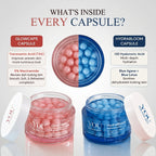 Promotional graphic for YOU Skincare showing two open jars of facial gels, one pink labeled GlowCaps and one blue labeled Hydrabloom Capsule, with text explaining what's inside every capsule on a light gray background.