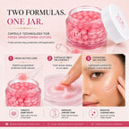 Promotional graphic for You Skin Care GlowCap A & B Brightening Cream, showing the open jar with pink glowing capsules and a hand applying cream. Includes three numbered benefit panels and text about fresh active core, capsules melting on contact, and hydrating gel system.
